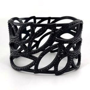 Black Rhinestone Encrusted Hollow Leaf Patterned Hinged Cuff Bracelet